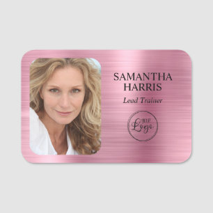 Faux Pink Foil Logo and Photo Name Tag