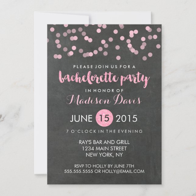 Faux Pink Glitter Chalkboard Bachelorette Party Invitation (Front)