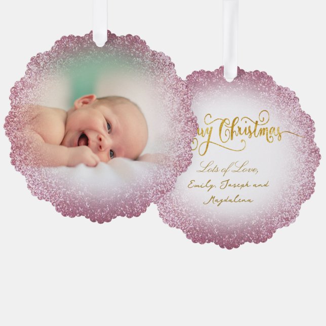 faux pink glitter effect new baby girl ornament card (Front/Back)