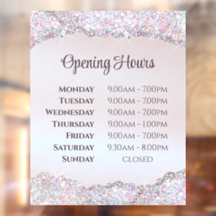 Faux Pink Glitter Foil Opening Hours Window Cling