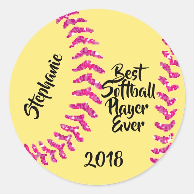 Faux Pink Glitter Softball Stitches Classic Round Sticker (Front)