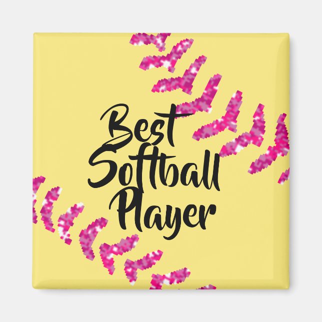 Faux Pink Glitter Softball Stitches Magnet (Front)
