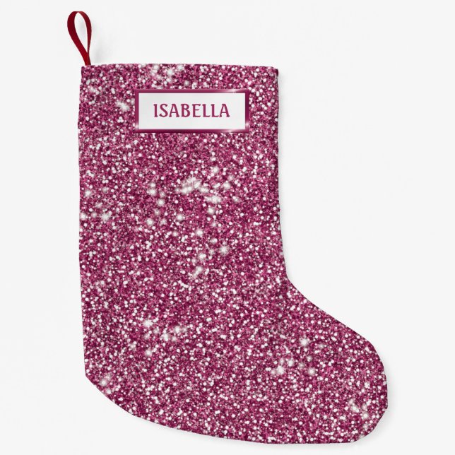 Faux Pink Glitter Texture Look With Custom Name Small Christmas Stocking (Front)
