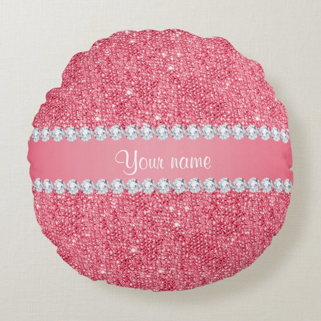 Faux Pink Sequins and Diamonds Round Pillow (Front)