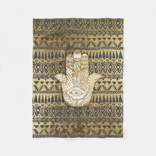 Faux Print Gold Hamsa Hand and Tribal Aztec Fleece Blanket