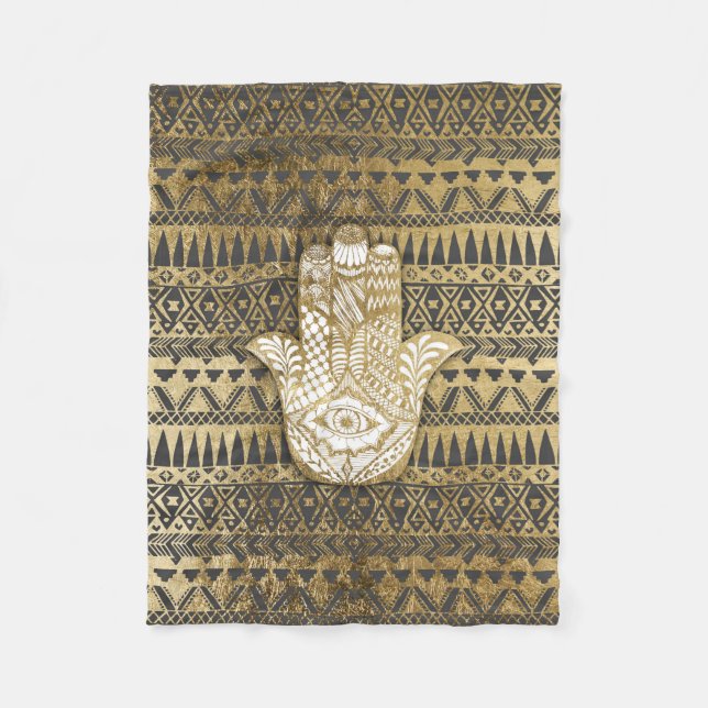 Faux Print Gold Hamsa Hand and Tribal Aztec Fleece Blanket (Front)