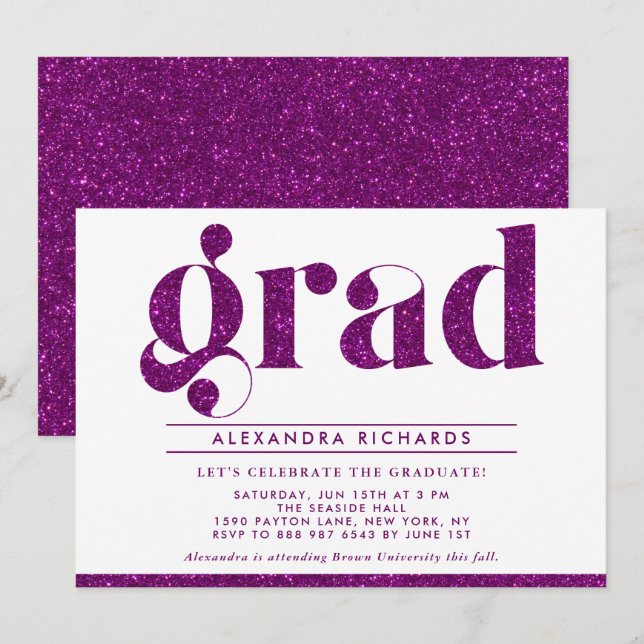 Faux Purple Glitter Graduation Party Invitation (Front/Back)