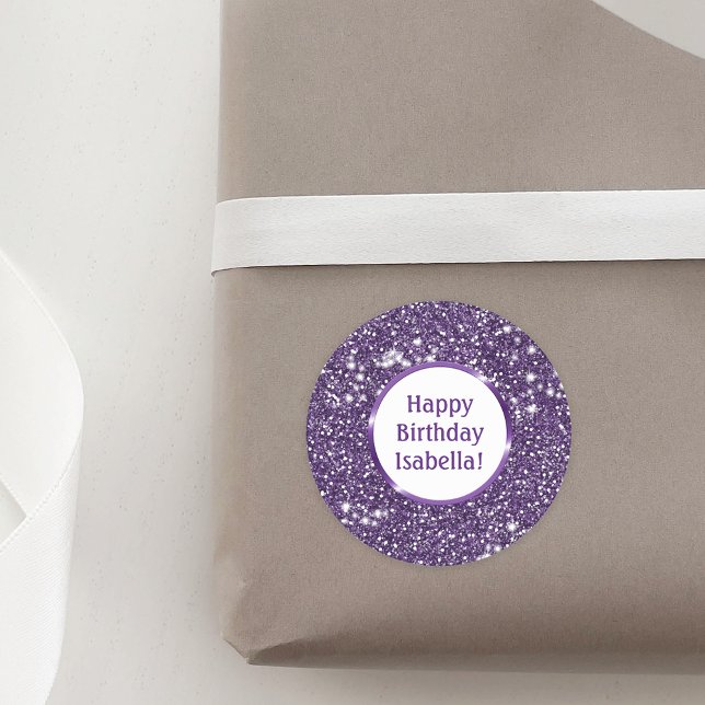 Faux Purple Glitter Look Custom Happy Birthday Classic Round Sticker (Ideal for decorating birthday presents or party favors, for example.)