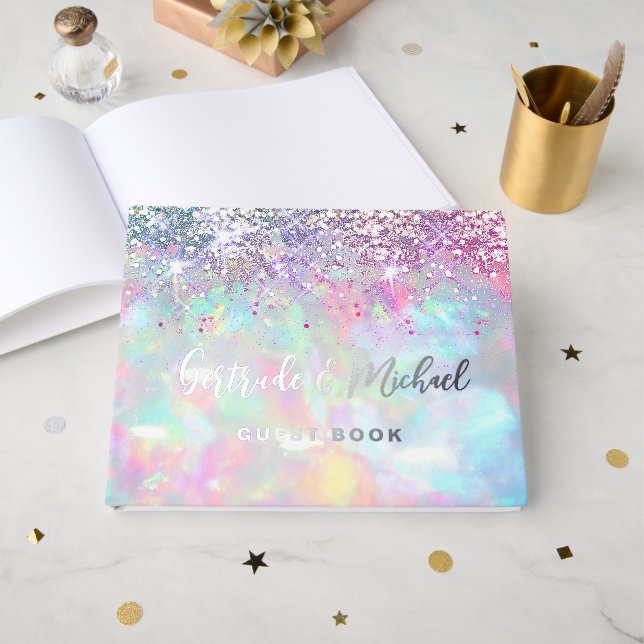 faux purple glitter opal background wedding guest book (Front Open)