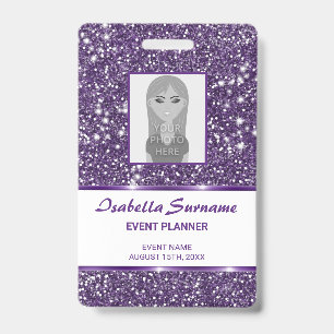 Faux Purple Glitter Texture & Custom Photo & Text Badge