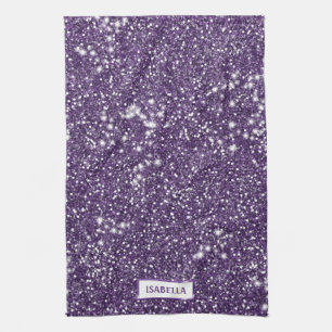 Faux Purple Glitter Texture Look With Custom Name Kitchen Towel