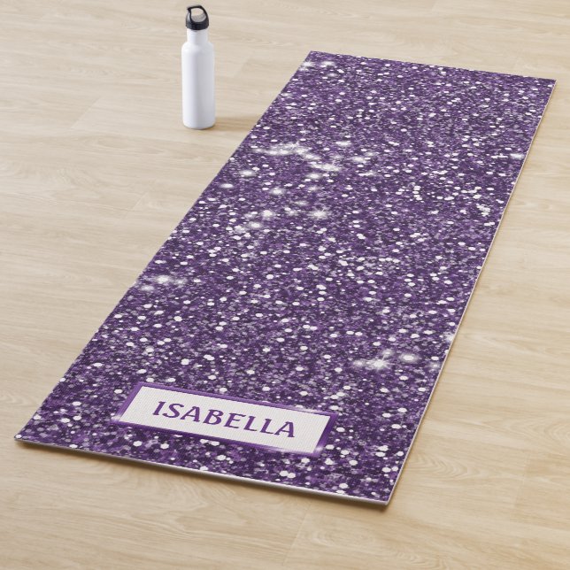 Faux Purple Glitter Texture Look With Custom Name Yoga Mat (In Situ)
