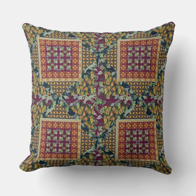 Faux Quilt Squares | Fall Colours | Paisley Throw Pillow (Front)