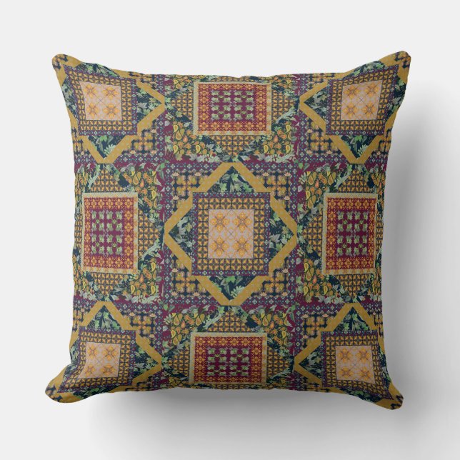 Faux Quilt Squares | Fall Leaves, Berries, Paisley Throw Pillow (Front)