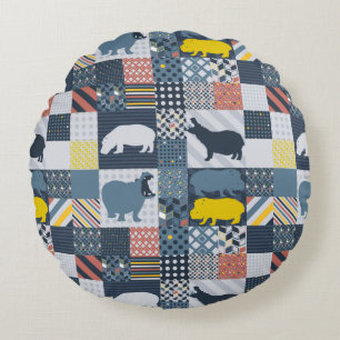 Faux-Quilted Hippos Round Pillow