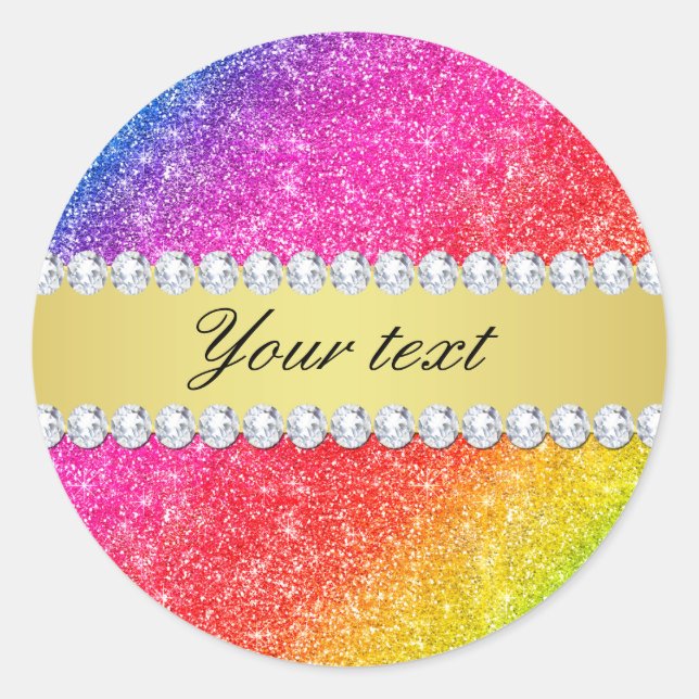 Faux Rainbow Glitter Diamonds Personalized Classic Round Sticker (Front)