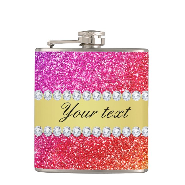 Faux Rainbow Glitter Diamonds Personalized Hip Flask (Front)