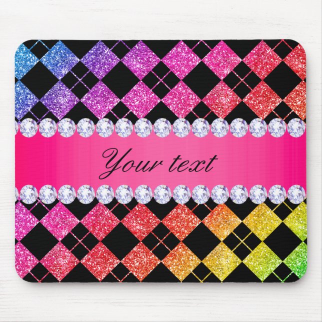 Faux Rainbow Neon Glitter Diamonds Black Mouse Pad (Front)