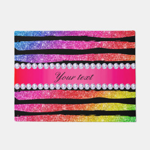 Faux Rainbow Neon Glitter Stripes Diamonds Black Doormat