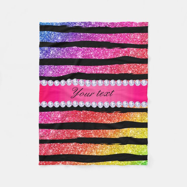Faux Rainbow Neon Glitter Stripes Diamonds Black Fleece Blanket (Front)