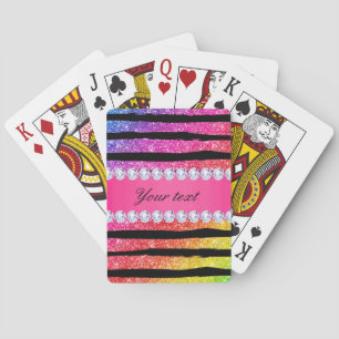 Faux Rainbow Neon Glitter Stripes Diamonds Black Playing Cards