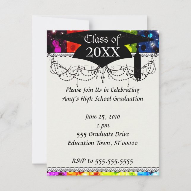 faux rainbow sparkle glitter graduation invitation (Front)