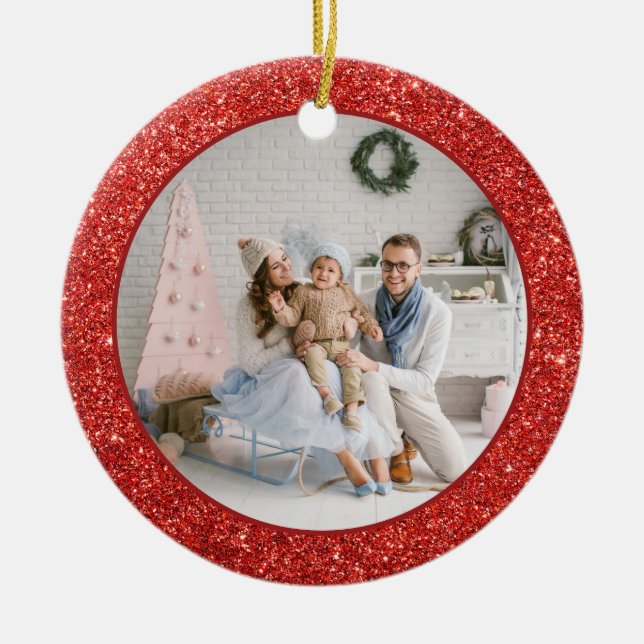 Faux Red Glitter Family Photo Christmas Ceramic Ornament (Front)