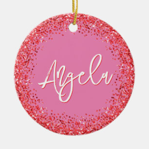 Faux Red Glitter Pink Photo Ceramic Ornament