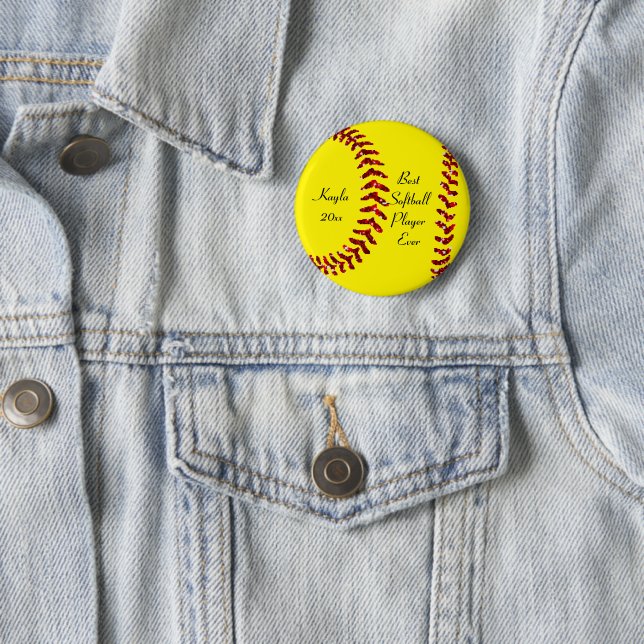 Faux Red Glitter Softball Stitches 2 Inch Round Button (In Situ)
