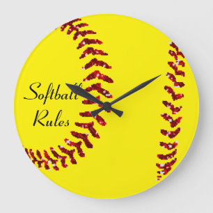Faux Red Glitter Softball Stitches Large Clock