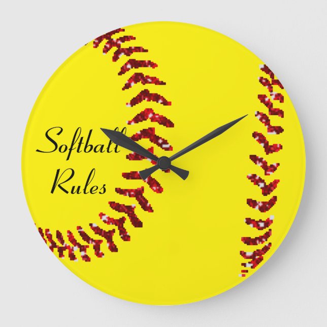 Faux Red Glitter Softball Stitches Large Clock (Front)