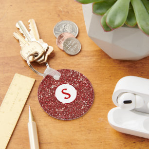 Faux Red Glitter Texture And Custom Monogram Keychain