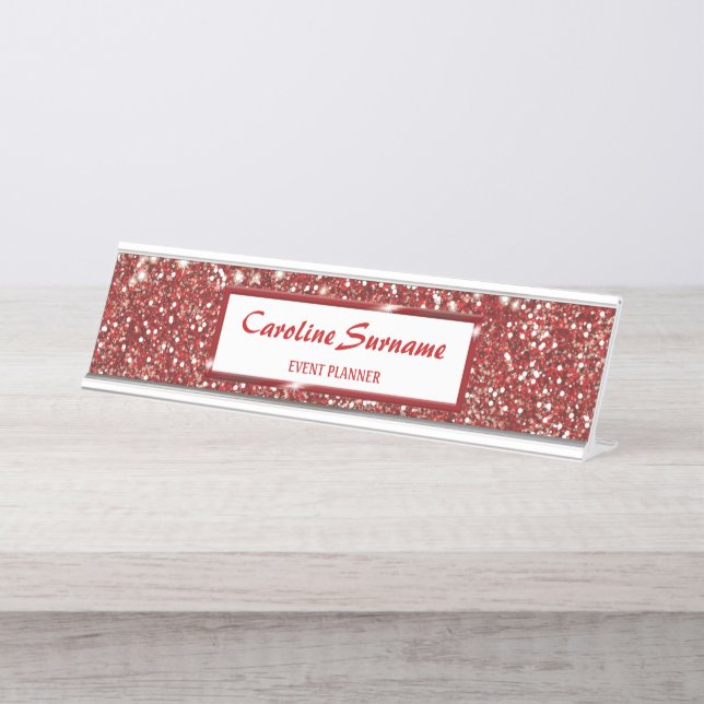 Faux Red Glitter Texture Look And Custom Name Desk Name Plate (Front)