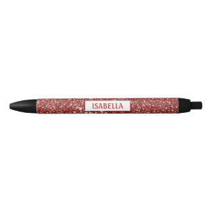 Faux Red Glitter Texture Look With Custom Name Black Ink Pen