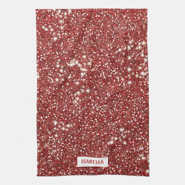 Faux Red Glitter Texture Look With Custom Name Kitchen Towel (Vertical)