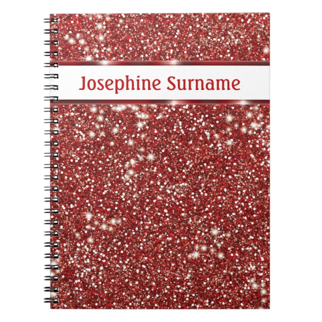 Faux Red Glitter Texture Look With Custom Name Notebook (Front)