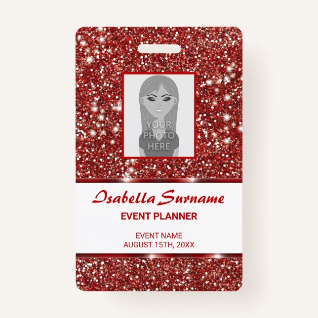 Faux Red Glitter Texture Look With Custom Text Badge (Front)