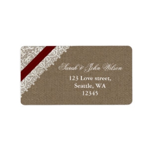 FAUX red lace and burlap ,return address label