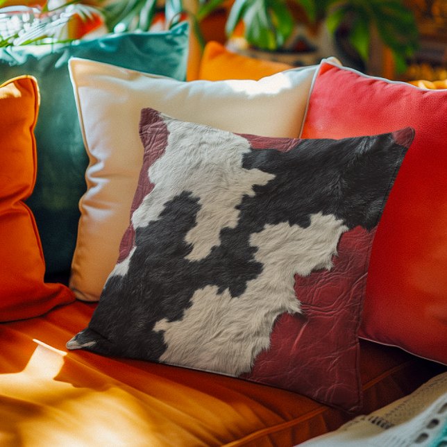 Faux Red Leather Cow Spotted Hide fur Throw Pillow (Creator Uploaded)