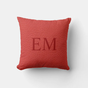 Faux Red Leather Monogram Throw Pillow
