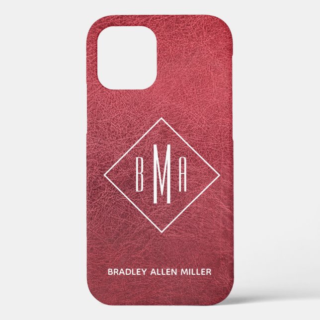 Faux Red Leather White Monogram Personalized Case-Mate iPhone Case (Back)