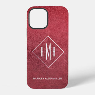 Faux Red Leather White Monogram Personalized iPhone 12 Case