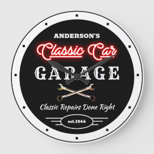 Faux Red Neon Classic Car Garage Any Name    Large Clock
