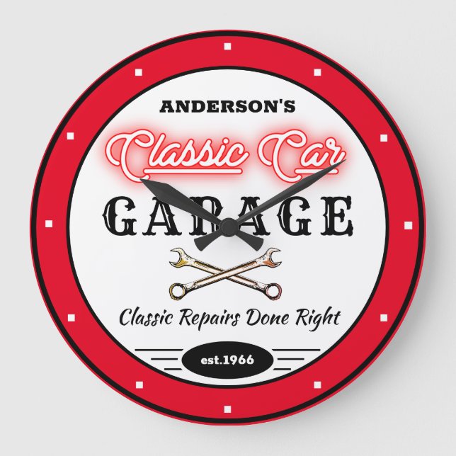 Faux Red Neon Classic Car Garage Any Name  Large Clock (Front)