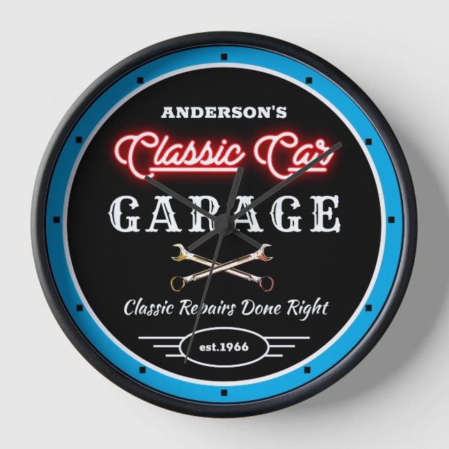 Faux Red Neon Classic Car Garage Slogan Name    Clock (Front)