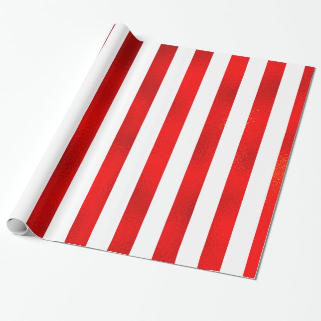 Faux Red White Vertical Stripes “Candy Stripe” Wrapping Paper (Unrolled)