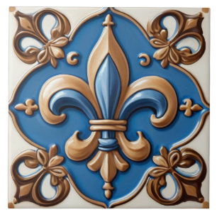 Faux Relief Blue & Gold Fleur de Lis Tile