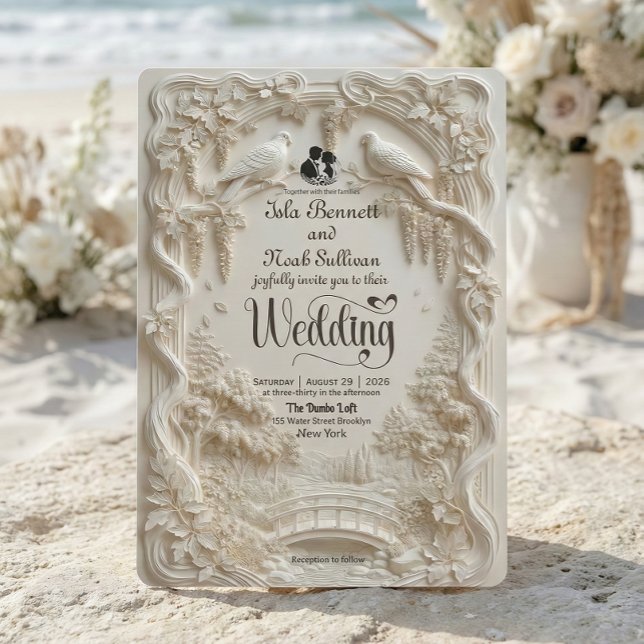 Faux Relief Carved Pastoral Birds Wedding Invitation (Creator Uploaded)