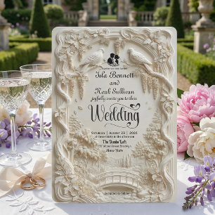 Faux Relief Carved Pastoral Birds Wedding Invitation