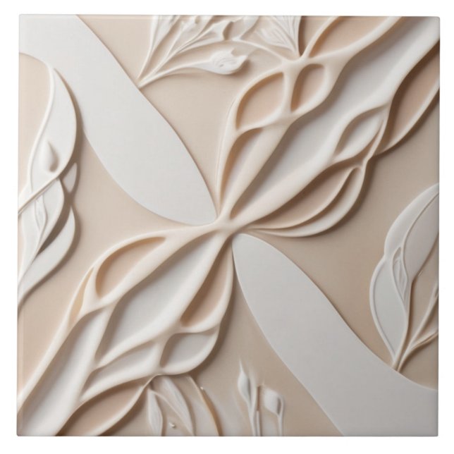 Faux Relief Pastel Beige & White Abstract Floral Tile (Front)